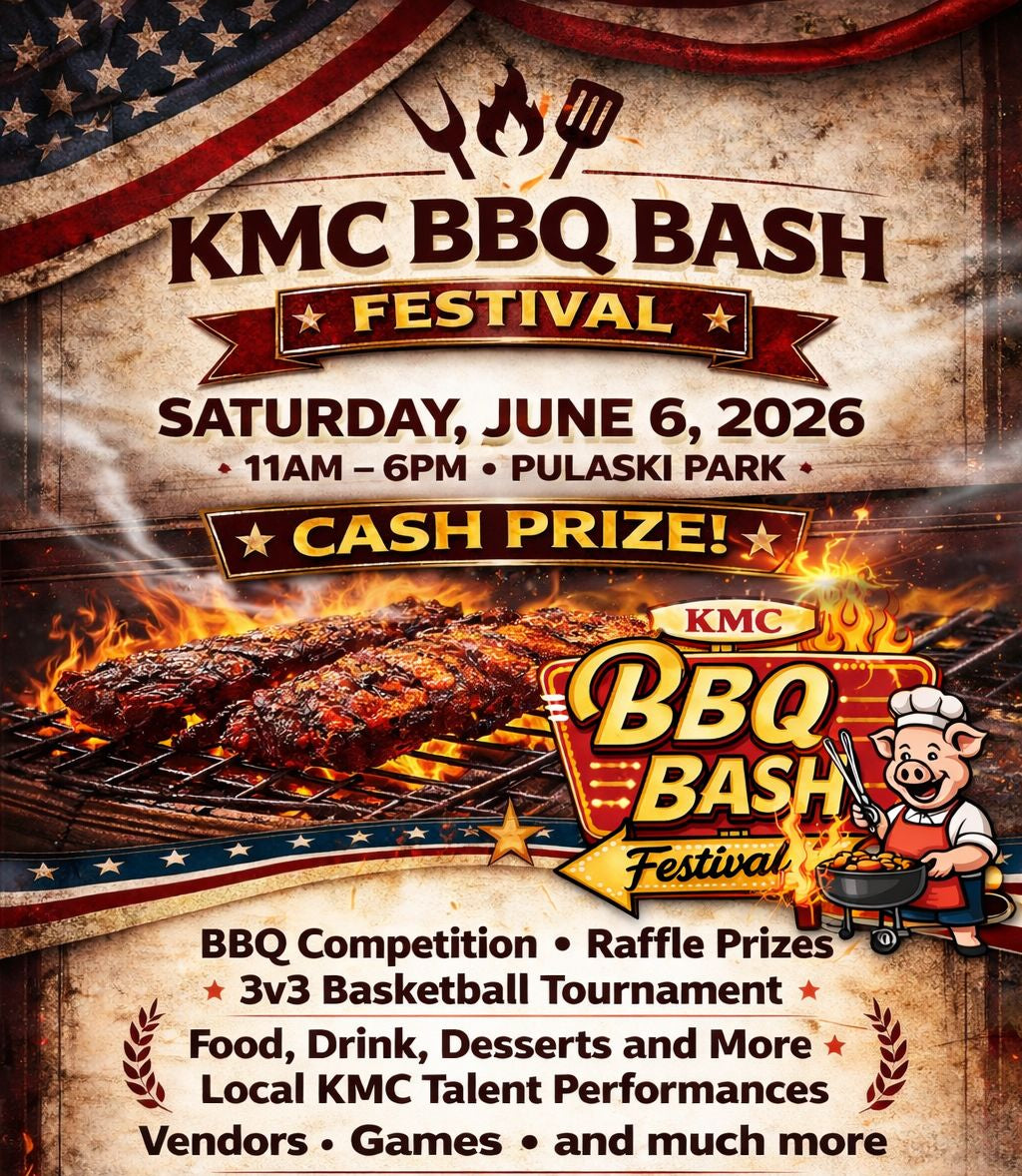 Promotional flyer for KMC BBQ Bash Festival with details and graphics of a barbecue grill.